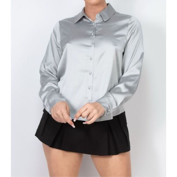 Silver Rhinestone button up shirt long sleeve - Picture 1 of 10